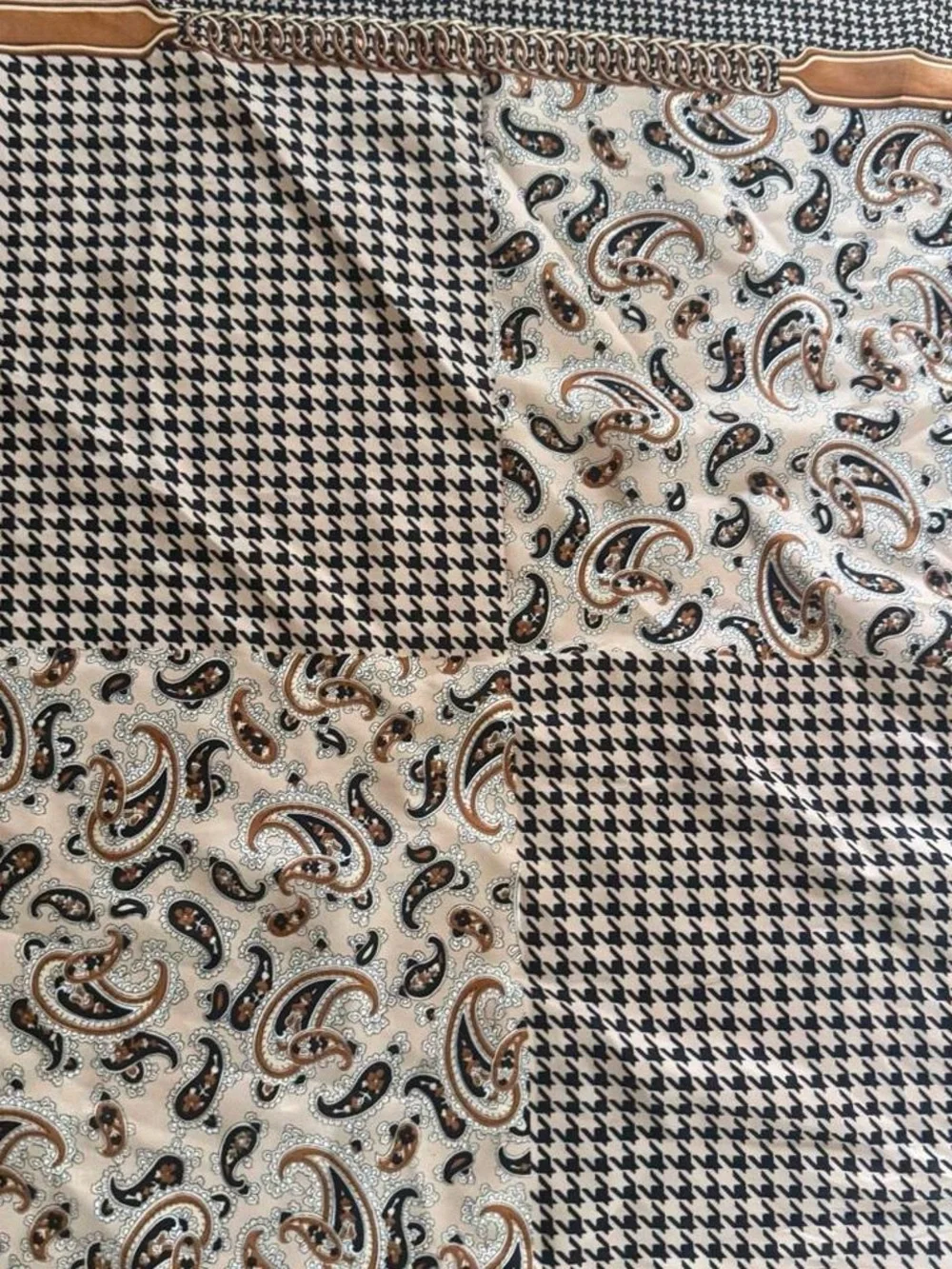 Vintage Paisley and Houndstooth silk scarf in Beige and Black